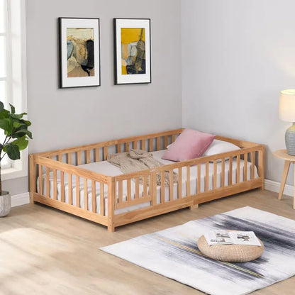White Montessori Bed, Kids Floor Bed with Fence and Door