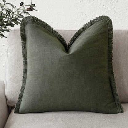 Dark Olive Green Linen Fringe 20x20" Pillow Cover