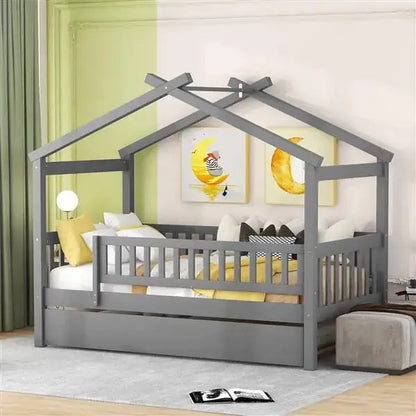 Twin Wooden House Bed with Pull Out Trundle, Kids Montessori Bed