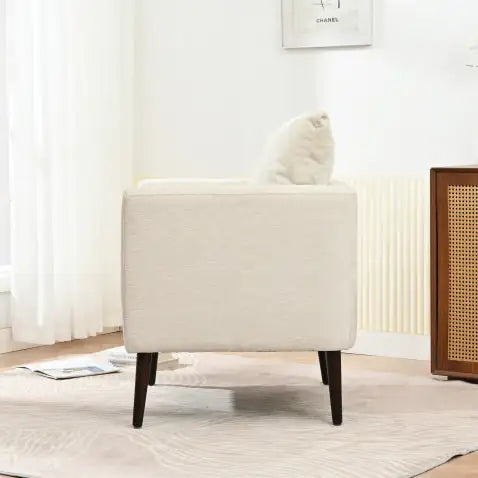 Beige Upholstered Accent Chair with Solid Wood Legs and Lumbar Pillow