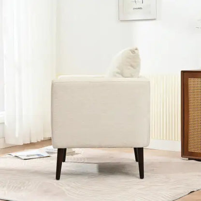 Beige Upholstered Accent Chair with Solid Wood Legs and Lumbar Pillow