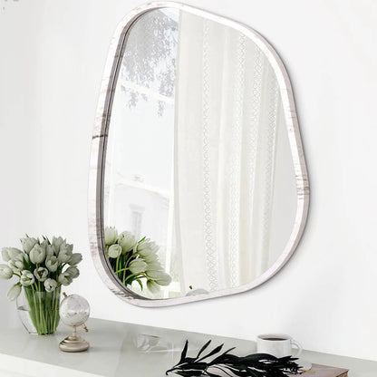 Asymmetrical Oval Mirror - White Wall Mirror with Wood Frame