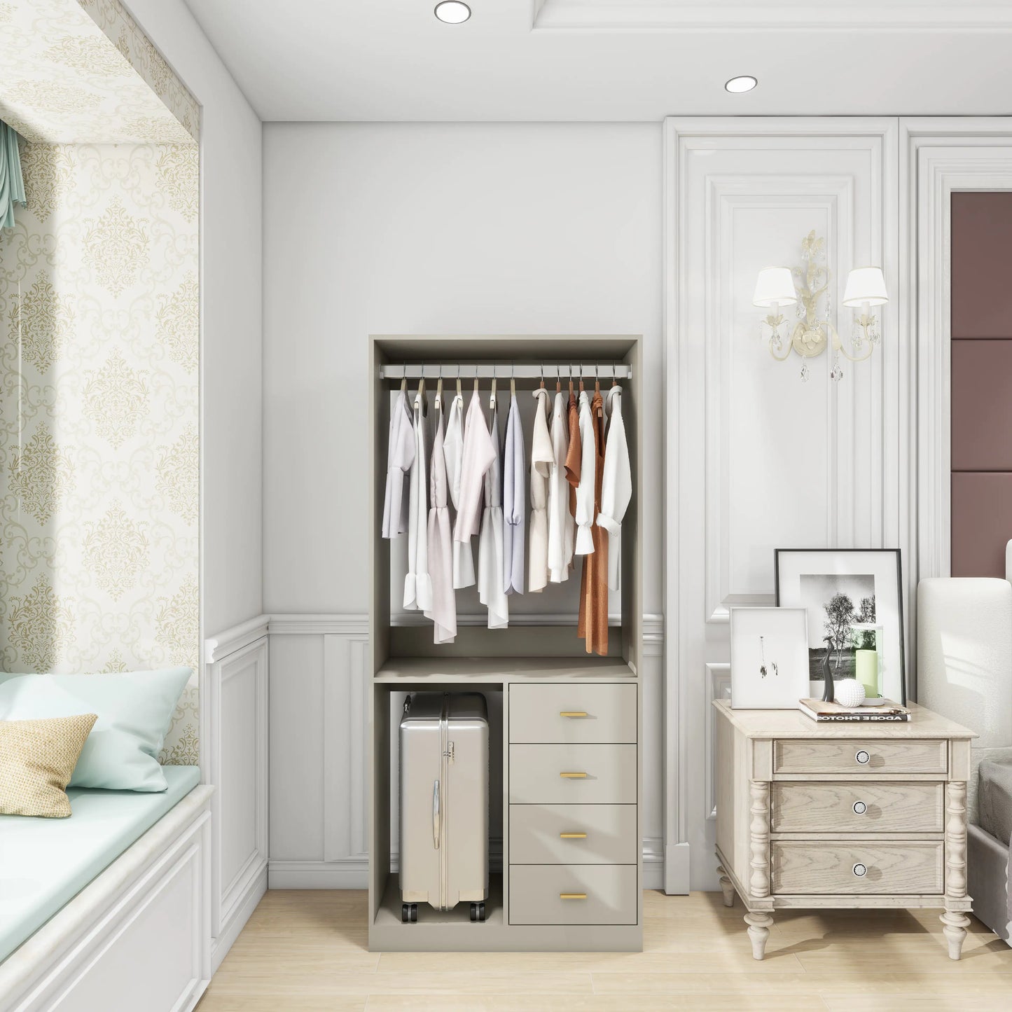 Grey Bedroom Wardrobe with 4 Drawers, Shelves and Hanging Rod