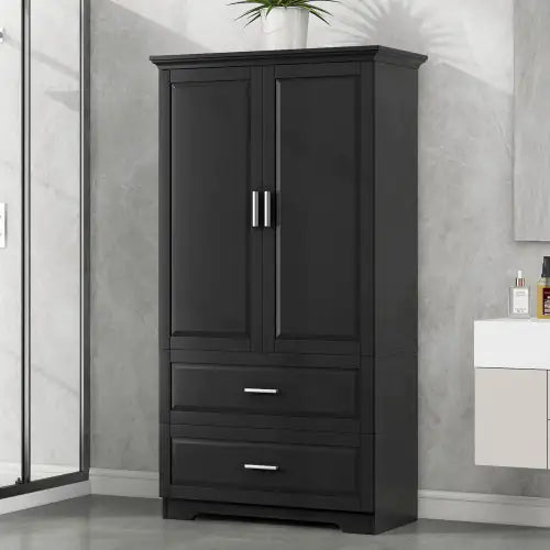 Black Bathroom Storage Cabinet – Adjustable Shelves & Drawers