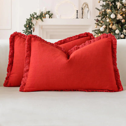 Red Linen Fringe Lumbar Pillow Covers with Tassels