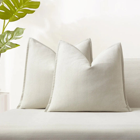 Set of 2 Cream Herringbone Chenille Pillow Covers
