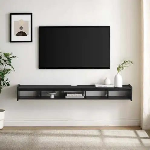 Modern Black Floating TV Stand, 65” Wall-Mounted