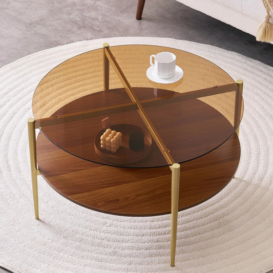 Mid-Century Round Glass Coffee Table with Shelf