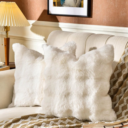 2 Cream White Faux Fur and Velvet Pillow Covers 18x18"