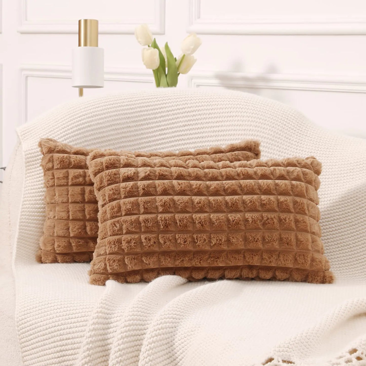2 Brown Faux Fur Lumbar Pillow Covers 12x20"