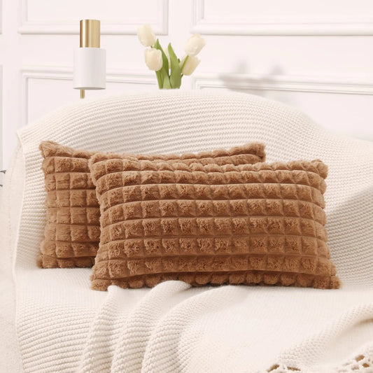 2 Brown Faux Fur Lumbar Pillow Covers 12x20"