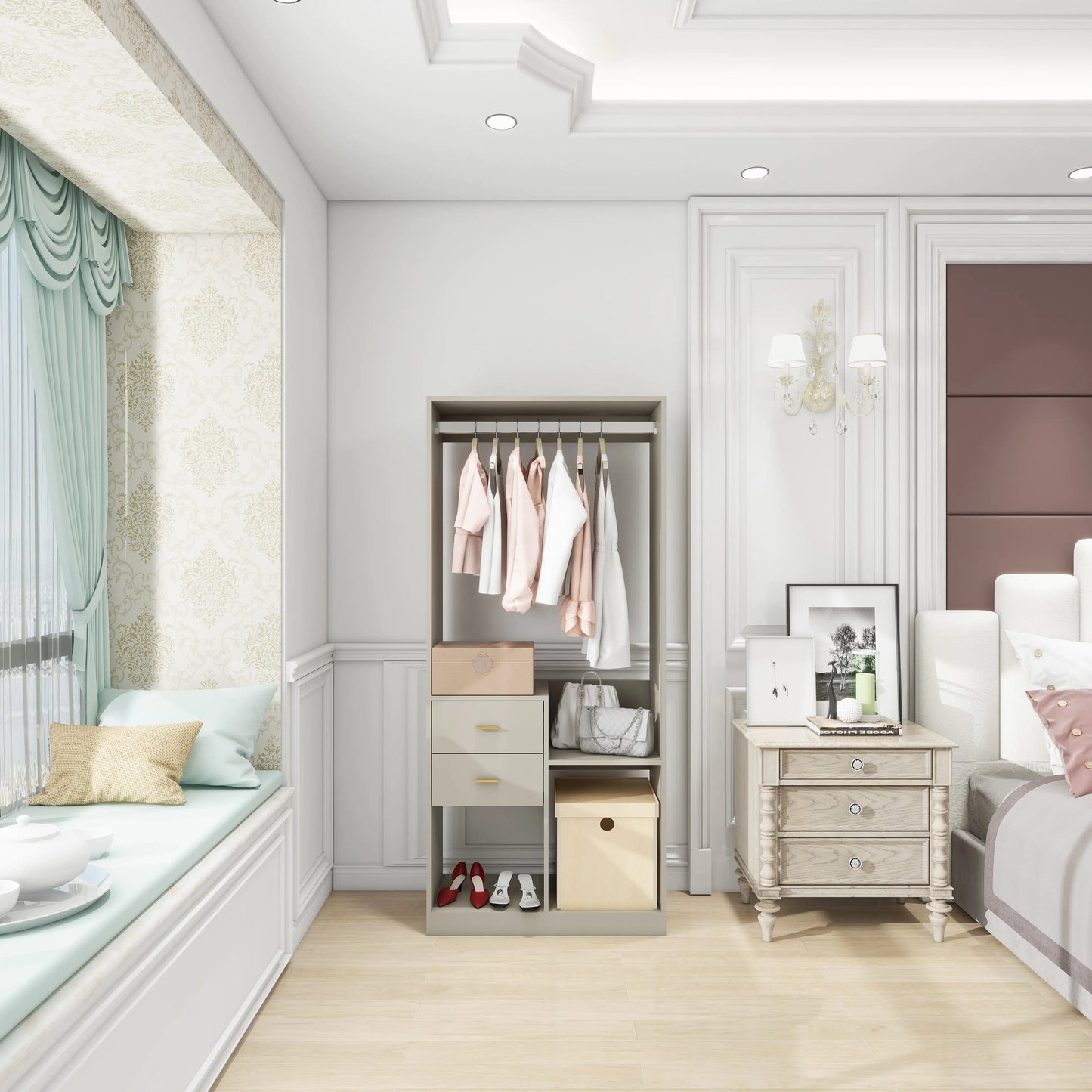 70.8” Freestanding Wardrobe with Drawers, Shelves & Hanging Rod