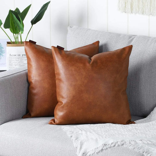 Brown Faux Leather Decorative Pillow Covers 20x20"
