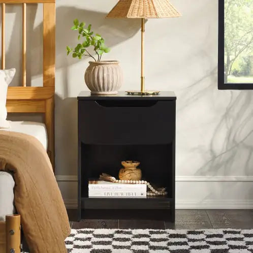 Minimalist Black 1-Drawer Nightstand with Cubby