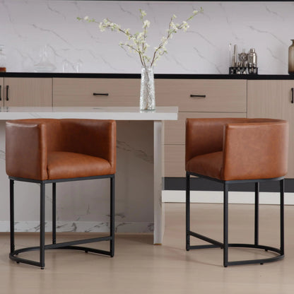 Set of 2 Leather Counter Stools - Brown Counter Height Stools