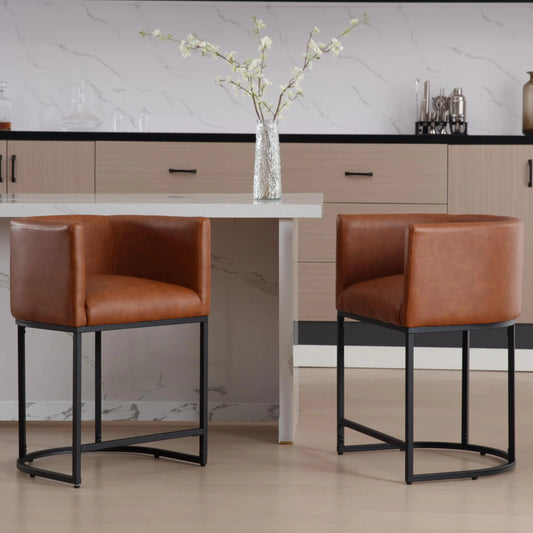 Set of 2 Brown 24" PU Leather Barrel Counter Stools