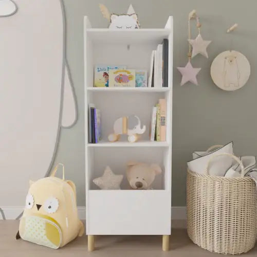 4 Tier Kids Bookcase and Toy Organizer, White Kids Bookshelf