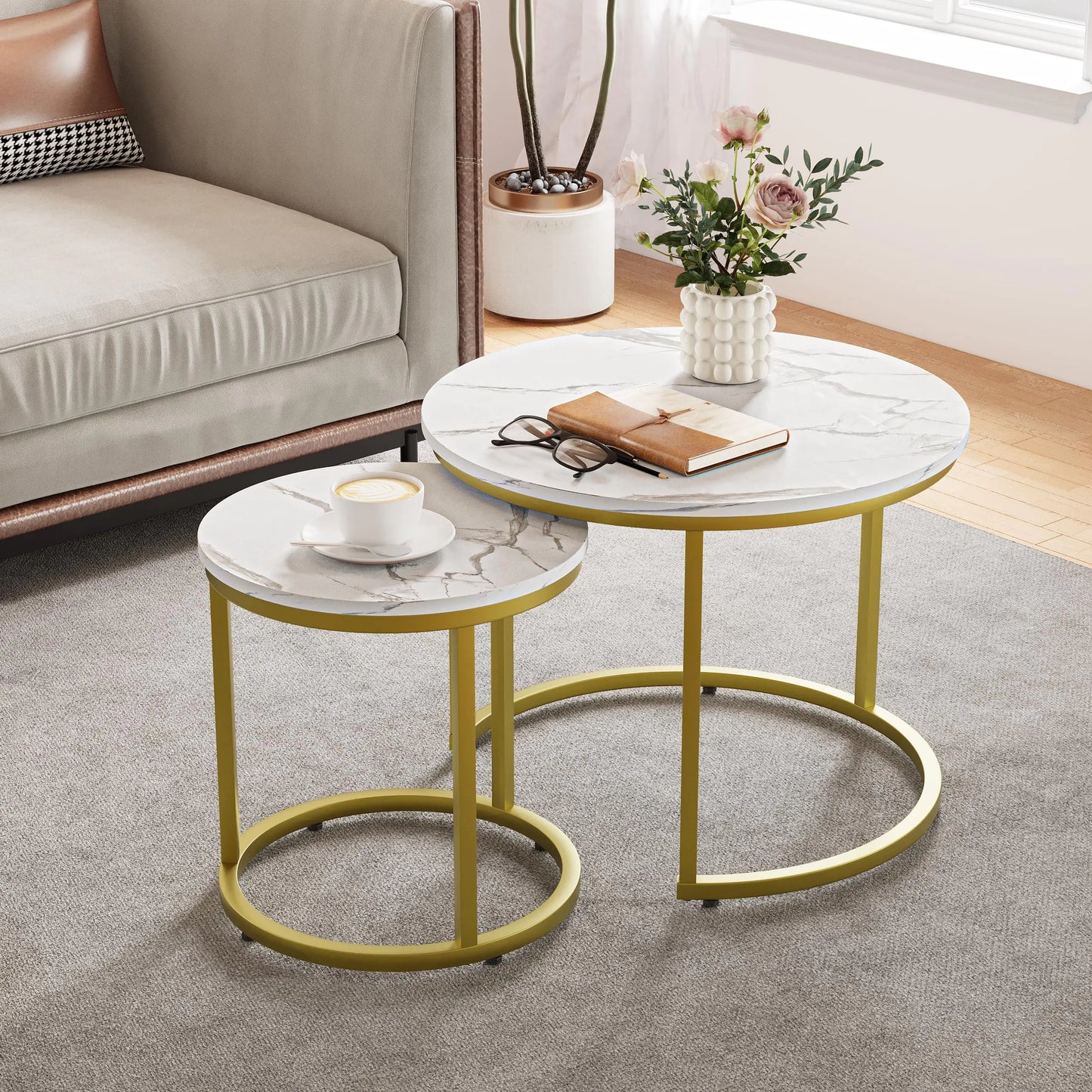 23.6" White Marble Nesting Coffee Table Set of 2