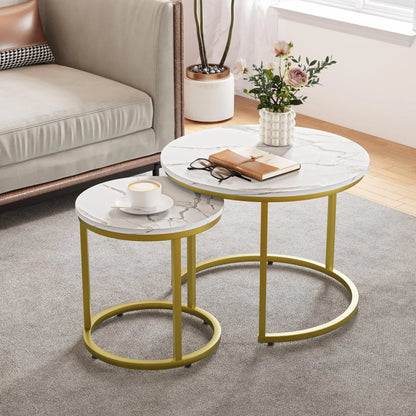 Set of 2 Marble Coffee Tables, White and Gold Nesting Coffee Tables