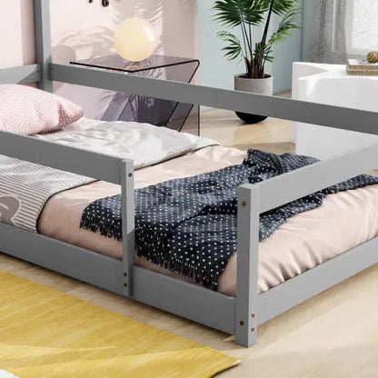 Twin Size Kids House Bed, Grey Wood Floor Bed for Kids Bedroom