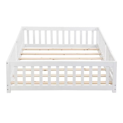 White Montessori Bed, Kids Floor Bed with Fence and Door