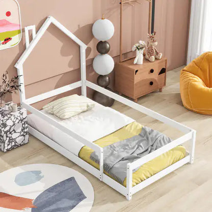 Twin Bed Frame - White Floor Bed for Toddlers - Kids House Bed