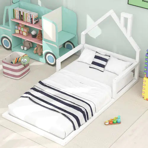Twin Floor Bed with Wooden House Headboard
