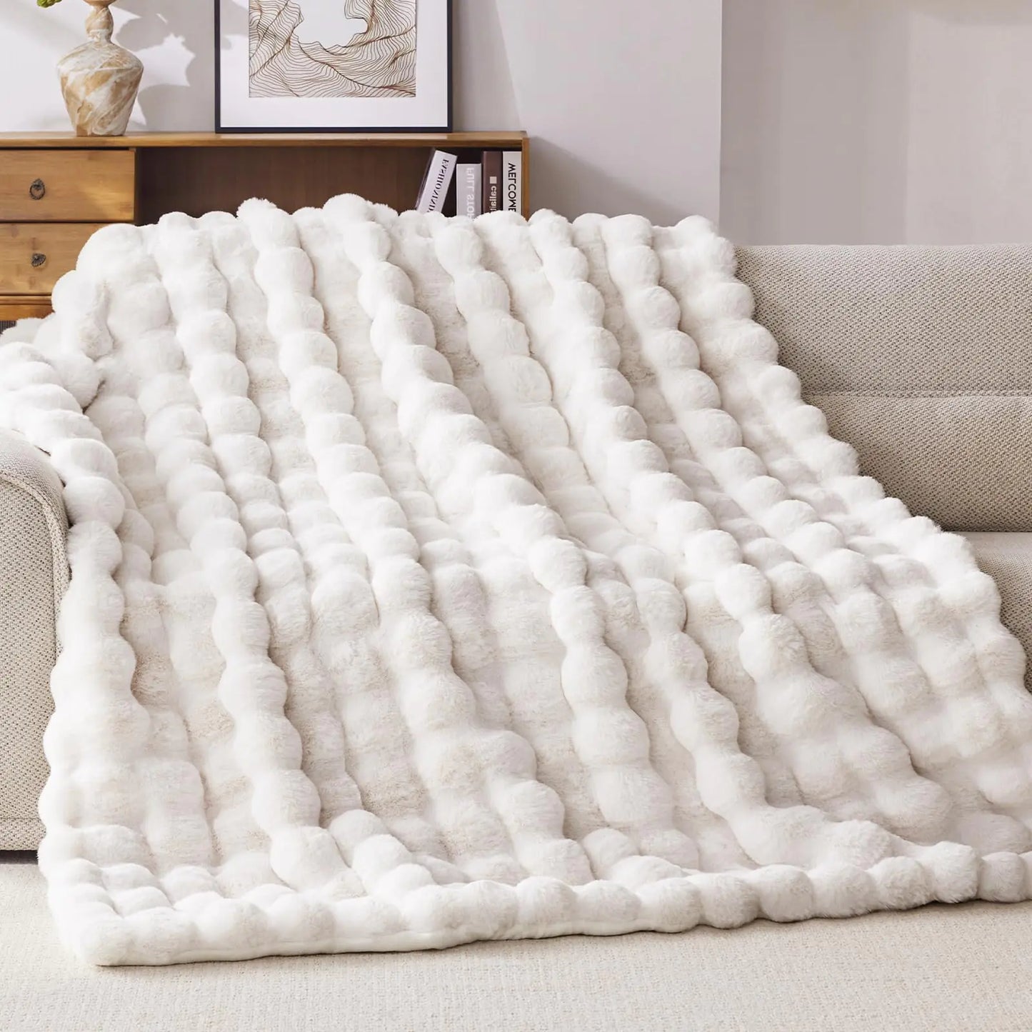 Cream White Faux Rabbit Fur Bubble Blanket 50x60
