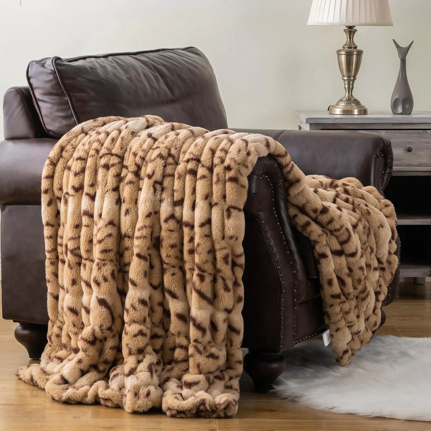 Beige Ruched Faux Fur Blanket 50x60 Soft Cozy