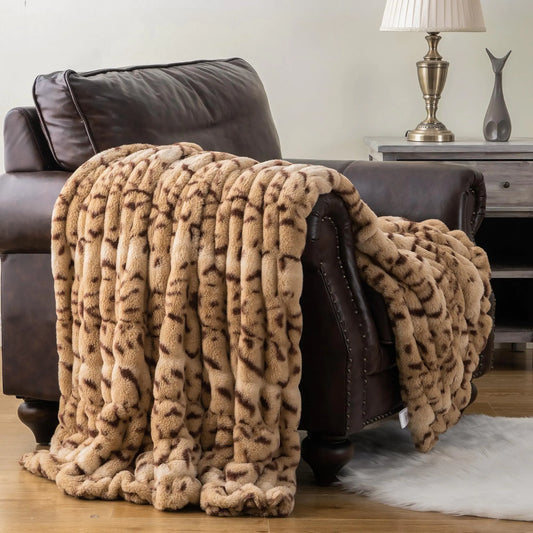 Beige Ruched Faux Fur Blanket 50x60 Soft Cozy