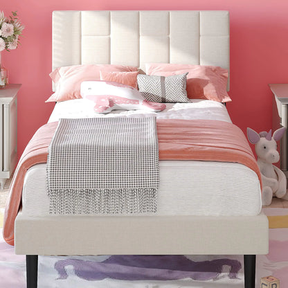Beige Bed for Kids Bedroom - Twin Bed Frame for Girls Bedroom